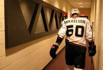GLENDALE, AZ - OCTOBER 31:  Brendan Mikkelson #60 of the Anaheim Ducks walks back to the locker room after warm ups to the NHL game against the Phoenix Coyotes at Jobing.com Arena on October 31, 2009 in Glendale, Arizona. The Coyotes defeated the Ducks 3-2 in an overtime shootout. (Photo by Christian Petersen/Getty Images)