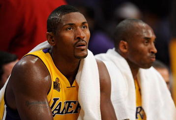 LOS ANGELES, CA - OCTOBER 27:  (L-R) Ron Artest #37 and Kobe Bryant #24 of the Los Angeles Lakers sit on the bench during the season opening game against the Los Angeles Clippers at Staples Center on October 27, 2009 in Los Angeles, California.  The Lakers won 99-92.  NOTE TO USER: User expressly acknowledges and agrees that, by downloading and or using this photograph, User is consenting to the terms and conditions of the Getty Images License Agreement. Mandatory Copyright Notice: Copyright 2009 NBAE  (Photo by Kevork Djansezian/Getty Images)