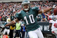 PHILADELPHIA - NOVEMBER 01: DeSean Jackson #10 of the Philadelphia Eagles celebrates his second quarter touchdown against the New York Giants on November 1, 2009 at Lincoln Financial Field in Philadelphia, Pennsylvania. (Photo by Jim McIsaac/Getty Images)