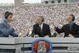 TALLAHASSEE, FL - OCTOBER 26:  ESPN College GameDay announcers (l to r) Chris Fowler, Lee Corso and Kirk Herbstreit comment during the NCAA football game between Notre Dame and Florida State at Doak Campbell Stadium on October 26, 2002 in Tallahassee, Florida.  The Notre Dame Fighting Irish defeated the Florida State Seminoles 34-24.  (Photo by Craig Jones/Getty Images)