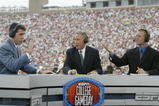 TALLAHASSEE, FL - OCTOBER 26:  ESPN College GameDay announcers (l to r) Chris Fowler, Lee Corso and Kirk Herbstreit comment during the NCAA football game between Notre Dame and Florida State at Doak Campbell Stadium on October 26, 2002 in Tallahassee, Florida.  The Notre Dame Fighting Irish defeated the Florida State Seminoles 34-24.  (Photo by Craig Jones/Getty Images)