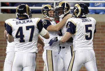 DETROIT , MI - NOVEMBER 01: Daniel Fells #46 of the  St. Louis Rams celebrates a touchdown off of a fake field goal with Josh Brown #3, Donnie Jones #5 and Billy Bajema #47 while playing the Detroit Lions on November 1, 2009 at Ford Field in Detroit, Michigan.  (Photo by Gregory Shamus/Getty Images)