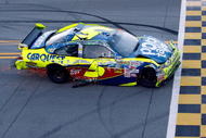 TALLADEGA, AL - NOVEMBER 01: Mark Martin, driver of the #5 Pop-Tarts / CARQUEST Chevrolet, crosses the finish line after being involved in an incident on track during the NASCAR Sprint Cup Series AMP Energy 500 at Talladega Superspeedway on November 1, 2009 in Talladega, Alabama. (Photo by Chris Graythen/Getty Images)