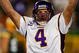 GREEN BAY, WI - NOVEMBER 01: Quarterback Brett Favre #4 of the Minnesota Vikings celebrates a touchdown by teammate Percy Harvin #12 after a 51 yard touchdown pass during the third quarter of the game against the Green Bay Packers at Lambeau Field on November 1, 2009 in Green Bay, Wisconsin. (Photo by Scott Boehm/Getty Images)