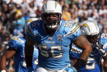 SAN DIEGO, CA - NOVEMBER 1:  Shawne Merriman #56 of the San Diego Chargers celebrates a sack during the first half against the Oakland Raiders on November 1, 2009 at Qualcomm Stadium in San Diego, California. (Photo By Donald Miralle/Getty Images)
