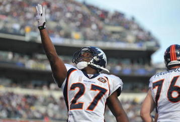 BALTIMORE - NOVEMBER 1: Knowshon Moreno #27 of the Denver Broncos celebrates his team's only touchdown against the Baltimore Ravens at M&T Bank Stadium on November 1, 2009 in Baltimore, Maryland. (Photo by Larry French/Getty Images)