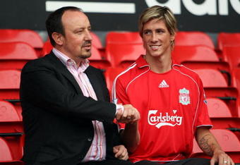 LIVERPOOL, UNITED KINGDOM - JULY 4:  Liverpool manager Rafael Benitez unveils new signing Fernando Torres at a press conference held at Anfield on July 4, 2007 in Liverpool, England. (Photo by Gary M. Prior/Getty Images)