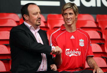LIVERPOOL, UNITED KINGDOM - JULY 4:  Liverpool manager Rafael Benitez unveils new signing Fernando Torres at a press conference held at Anfield on July 4, 2007 in Liverpool, England. (Photo by Gary M. Prior/Getty Images)