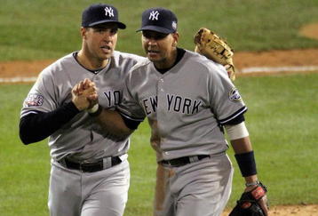 PHILADELPHIA - NOVEMBER 01:  Alex Rodriguez #13 (R) and Mark Teixeira #25 of the New York Yankees celebrate their 7-4 win against the Philadelphia Phillies in Game Four of the 2009 MLB World Series at Citizens Bank Park on November 1, 2009 in Philadelphia, Pennsylvania.  (Photo by Jed Jacobsohn/Getty Images)