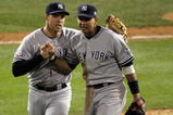 PHILADELPHIA - NOVEMBER 01:  Alex Rodriguez #13 (R) and Mark Teixeira #25 of the New York Yankees celebrate their 7-4 win against the Philadelphia Phillies in Game Four of the 2009 MLB World Series at Citizens Bank Park on November 1, 2009 in Philadelphia, Pennsylvania.  (Photo by Jed Jacobsohn/Getty Images)