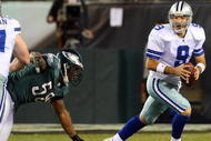PHILADELPHIA - DECEMBER 28:  Tony Romo #9 of the Dallas Cowboys scrambles against the Philadelphia Eagles on December 28, 2008 at Lincoln Financial Field in Philadelphia, Pennsylvania.  (Photo by Jim McIsaac/Getty Images)