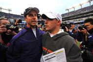 BALTIMORE - NOVEMBER 1:  Head coach John Harbaugh of the Baltimore Ravens speaks with head coach Josh McDaniels of the Denver Broncos at M&T Bank Stadium on November 1, 2009 in Baltimore, Maryland. (Photo by Larry French/Getty Images)