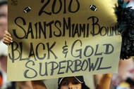 MIAMI - OCTOBER 25: A Saints' fan shows her support as the New Orleans Saints take on the Miami Dolphins at Land Shark Stadium on October 25, 2009 in Miami, Florida. The Saints defeated the Dolphins 46-34. (Photo by Doug Benc/Getty Images)