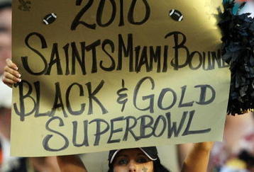 MIAMI - OCTOBER 25:  A Saints' fan shows her support as the New Orleans Saints take on the Miami Dolphins at Land Shark Stadium on October 25, 2009 in Miami, Florida. The Saints defeated the Dolphins 46-34.  (Photo by Doug Benc/Getty Images)