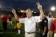 PASADENA, CA - DECEMBER 06:  Head coach Pete Carroll of the USC Trojans walks off the field after the Trojans' 28-7 victory over the UCLA Bruins on December 6, 2008 at the Rose Bowl in Pasadena, California.  (Photo by Stephen Dunn/Getty Images)