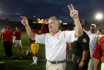 PASADENA, CA - DECEMBER 06:  Head coach Pete Carroll of the USC Trojans walks off the field after the Trojans' 28-7 victory over the UCLA Bruins on December 6, 2008 at the Rose Bowl in Pasadena, California.  (Photo by Stephen Dunn/Getty Images)