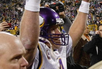 GREEN BAY, WI - NOVEMBER 1: Quarterback Brett Favre #4 of the Minnesota Vikings walks off the field after the game against the Green Bay Packers at Lambeau Field on November 1, 2009 in Green Bay, Wisconsin. The Vikings defeated the Packers 38-26. (Photo by Scott Boehm/Getty Images)