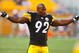 PITTSBURGH - AUGUST 29: Linebacker James Harrison #92 of the Pittsburgh Steelers warms up before the game against the Buffalo Bills at Heinz Field on August 29, 2009 in Pittsburgh, Pennsylvania. (Photo by Gregory Shamus/Getty Images)