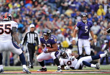 BALTIMORE - NOVEMBER 1: Ray Rice #27 of the Baltimore Ravens runs the ball against the Denver Broncos at M&T Bank Stadium on November 1, 2009 in Baltimore, Maryland. (Photo by Larry French/Getty Images)