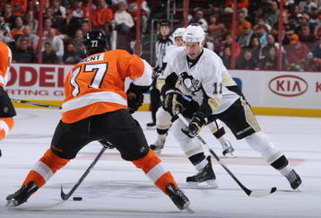 PHILADELPHIA - OCTOBER 08:  Jordan Staal #11 of the Pittsburgh Penguins defends against Ryan Parent #77 of the Philadelphia Flyers at the Wachovia Center on October 8, 2009 in Philadelphia, Pennsylvania.  (Photo by Bruce Bennett/Getty Images)