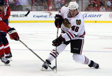 WASHINGTON DC, DC - SEPTEMBER 23:  Colin Fraser #46 of the Chicago Blackhawks skates against the Washington Capitals during their preseason game on September 23, 2009 at the Verizon Center in Washington, DC.  (Photo by Jim McIsaac/Getty Images)