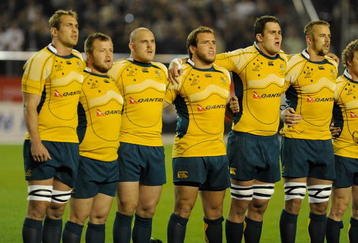 TOKYO - OCTOBER 31:  The Wallabies line up for the national Anthems prior to the 2009 Bledisloe Cup match between the New Zealand All Blacks and the Australian Wallabies at the National Stadium on October 31, 2009 in Tokyo, Japan.  (Photo by Ross Land/Getty Images)