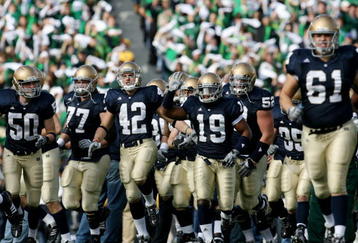 SOUTH BEND, IN - OCTOBER 17: Wide receiver George West Jr. #19 of the Notre Dame Fighting Irish leads his team out to the field before they take on the USC Trojans at Notre Dame Stadium on October 17, 2009 in South Bend, Indiana. (Photo by Jonathan Daniel/Getty Images)