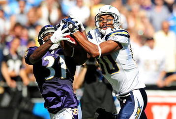 SAN DIEGO - SEPTEMBER 20:Malcolm Floyd #80 of the San Diego Chargers and Fabian Washington #31 of the Baltimore Ravens both catch the ball  at Qualcomm Stadium on September 20, 2009 in San Diego, California.  (Photo by Jacob de Golish/Getty Images)