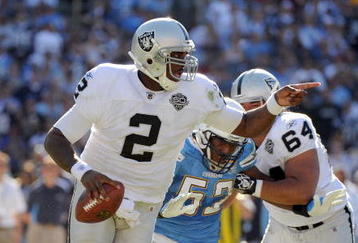 SAN DIEGO - NOVEMBER 01:  JaMarcus Russell #2 of the Oakland Raiders scrambles out of the pocket as he is rushed by Larry Engllish #52 of the San Diego Chargers during the second quarter at Qualcomm Stadium on November 1, 2009 in San Diego California.  (Photo by Harry How/Getty Images)