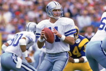ANAHEIM, CA - JANUARY 4:  Quarterback Danny White #11 of the Dallas Cowboys looks to pass during a 1985 NFC Divisional Playoff game against the Los Angeles Rams at Anaheim Stadium on January 4, 1996 in Anaheim, California.  The Rams won 20-0.  (Photo by George Rose/Getty Images)
