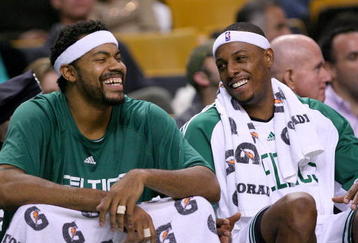 BOSTON, MA - OCTOBER 28:  Paul Pierce #34 and Rasheed Wallace #30 of the Boston Celtics react on the bench during a game against the Charlotte Bobcats at the TD Banknorth Garden on October 28, 2009 in Boston, Massachusetts. NOTE TO USER: User expressly acknowledges and agrees that, by downloading and/or using this Photograph, user is consenting to the terms and conditions of the Getty Images License Agreement. (Photo by Jim Rogash/Getty Images)