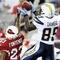 GLENDALE, AZ - AUGUST 22:  Wide Receiver Chris Chambers #89 of the San Diego Chargers makes a leaping catch against Corner back Wilrey Fontenot #23 OF the Arizona Cardinals at the University of Phoenix Stadium on August 22, 2009 in Glendale, Arizona. (Photo by Christian Petersen/Getty Images)