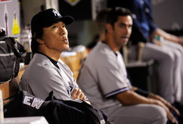 ANAHEIM, CA - SEPTEMBER 21:  Outfielder Hideki Matsui #55 of the New York Yankees reacts from the dugout as the Los Angeles Angels of Anaheim score their second run of the game in the first inning on September 21, 2009 in Anaheim, California.  (Photo by Kevork Djansezian/Getty Images)