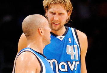 LOS ANGELES, CA - OCTOBER 30:  Dirk Nowitzki #41 and Jason Kidd #2 of the Dallas Mavericks talk against Los Angeles Lakers during the NBA basketball game at Staples Center on October 30, 2009 in Los Angeles, California.  NOTE TO USER: User expressly acknowledges and agrees that, by downloading and/or using this Photograph, user is consenting to the terms and conditions of the Getty Images License Agreement.  (Photo by Kevork Djansezian/Getty Images)