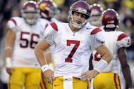 EUGENE, OR - OCTOBER 31: Quarterback Matt Barkley #7 of the USC Trojans is not happy after missing an open receiver in the second quarter of the game against the Oregon Ducks at Autzen Stadium on October 31, 2009 in Eugene, Oregon. (Photo by Steve Dykes/Getty Images)