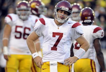EUGENE, OR - OCTOBER 31: Quarterback Matt Barkley #7 of the USC Trojans is not happy after missing an open receiver in the second quarter of the game against the Oregon Ducks at Autzen Stadium on October 31, 2009 in Eugene, Oregon. (Photo by Steve Dykes/Getty Images)