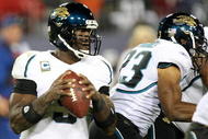 NASHVILLE, TN - NOVEMBER 01: David Garrard #9 of the Jacksonville Jaguars drops back to pass against the Tennessee Titans during their game at LP Field on November 1, 2009 in Nashville, Tennessee. (Photo by Streeter Lecka/Getty Images)