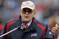 ORCHARD PARK, NY - SEPTEMBER 21: Owner Ralph Wilson of the Buffalo Bills speaks during a ceremony adding Bruce Smith's name to the Ralph Wilson Stadium Wall of Fame at halftime of the game against the Oakland Raiders on September 21, 2008 at Ralph Wilson Stadium in Orchard Park, New York. Buffalo won 24-23. (Photo by Rick Stewart/Getty Images)