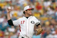 OMAHA, NE - JUNE 23: Trevor Holder #17 of the Georgia Bulldogs delivers a pitch against the Fresno State Bulldogs during Game 1 of the 2008 Men's College World Series Championship on June 23, 2008 at Rosenblatt Stadium in Omaha, Nebraska.  (Photo by Kevin C. Cox/Getty Images)