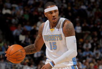 DENVER - OCTOBER 28:  Carmelo Anthony #15 of the Denver Nuggets dribbles the ball upcourt against the Utah Jazz during NBA action at Pepsi Center on October 28, 2009 in Denver, Colorado. The Nuggets defeated the Jazz 114-105.  (Photo by Doug Pensinger/Getty Images)