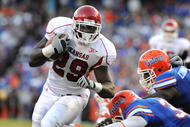GAINESVILLE, FL - OCTOBER 17: Running back Broderick Green #29  of the Arkansas Razorbacks rushes upfield against the Florida Gators October 17, 2009 at Ben Hill Griffin Stadium in Gainesville, Florida.  (Photo by Al Messerschmidt/Getty Images)