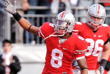 COLUMBUS, OH - OCTOBER 10:  Wide receiver DeVier Posey #8 of the Ohio State Buckeyes celebrates after scoring a touchdown against the Wisconsin Badgers at Ohio Stadium on October 10, 2009 in Columbus, Ohio.  (Photo by Jamie Sabau/Getty Images)