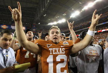GLENDALE, AZ - JANUARY 05:  Quarterback Colt McCoy #12 of the Texas Longhorns celebrates after defeating the Ohio State Buckeyes in the Tostitos Fiesta Bowl Game on January 5, 2009 at University of Phoenix Stadium in Glendale, Arizona. The Longhorns defeated the Buckeyes 24-21  (Photo by Jed Jacobsohn/Getty Images)
