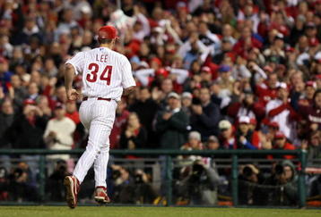 PHILADELPHIA - NOVEMBER 02:  Cliff Lee #34 of the Philadelphia Phillies runs back to the dugout after the final out in the top of the seventh inning against the New York Yankees in Game Five of the 2009 MLB World Series at Citizens Bank Park on November 2, 2009 in Philadelphia, Pennsylvania.  (Photo by Nick Laham/Getty Images)