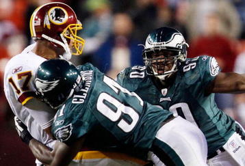 LANDOVER, MD - OCTOBER 26:  Quarterback Jason Campbell #17 of the Washington Redskins is sacked by Chris Clemons #91 of the Philadelphia Eagles during the fourth quarter action at FedEx Field October 26, 2009 in Landover, Maryland. The Eagles won the game 27-17. (Photo by Win McNamee/Getty Images)