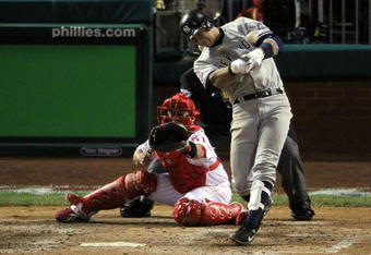 PHILADELPHIA - NOVEMBER 01:  Alex Rodriguez #13 of the New York Yankees hits a RBI double in the top of the ninth inning against the Philadelphia Phillies in Game Four of the 2009 MLB World Series at Citizens Bank Park on November 1, 2009 in Philadelphia, Pennsylvania.  (Photo by Jed Jacobsohn/Getty Images)