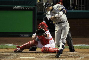 PHILADELPHIA - NOVEMBER 01:  Alex Rodriguez #13 of the New York Yankees hits a RBI double in the top of the ninth inning against the Philadelphia Phillies in Game Four of the 2009 MLB World Series at Citizens Bank Park on November 1, 2009 in Philadelphia, Pennsylvania.  (Photo by Jed Jacobsohn/Getty Images)