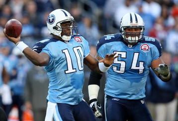 NASHVILLE, TN - NOVEMBER 01:  Vince Young #10 of the Tennessee Titans drops back to throw a pass against the Jacksonville Jaguars during their game at LP Field on November 1, 2009 in Nashville, Tennessee.  (Photo by Streeter Lecka/Getty Images)