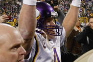 GREEN BAY, WI - NOVEMBER 1: Quarterback Brett Favre #4 of the Minnesota Vikings walks off the field after the game against the Green Bay Packers at Lambeau Field on November 1, 2009 in Green Bay, Wisconsin. The Vikings defeated the Packers 38-26. (Photo by Scott Boehm/Getty Images)