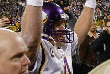 GREEN BAY, WI - NOVEMBER 1: Quarterback Brett Favre #4 of the Minnesota Vikings walks off the field after the game against the Green Bay Packers at Lambeau Field on November 1, 2009 in Green Bay, Wisconsin. The Vikings defeated the Packers 38-26. (Photo by Scott Boehm/Getty Images)